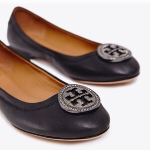 Tory Burch LIANA Black Leather Ballet Flats with Crystal Logo Medallion 7.5